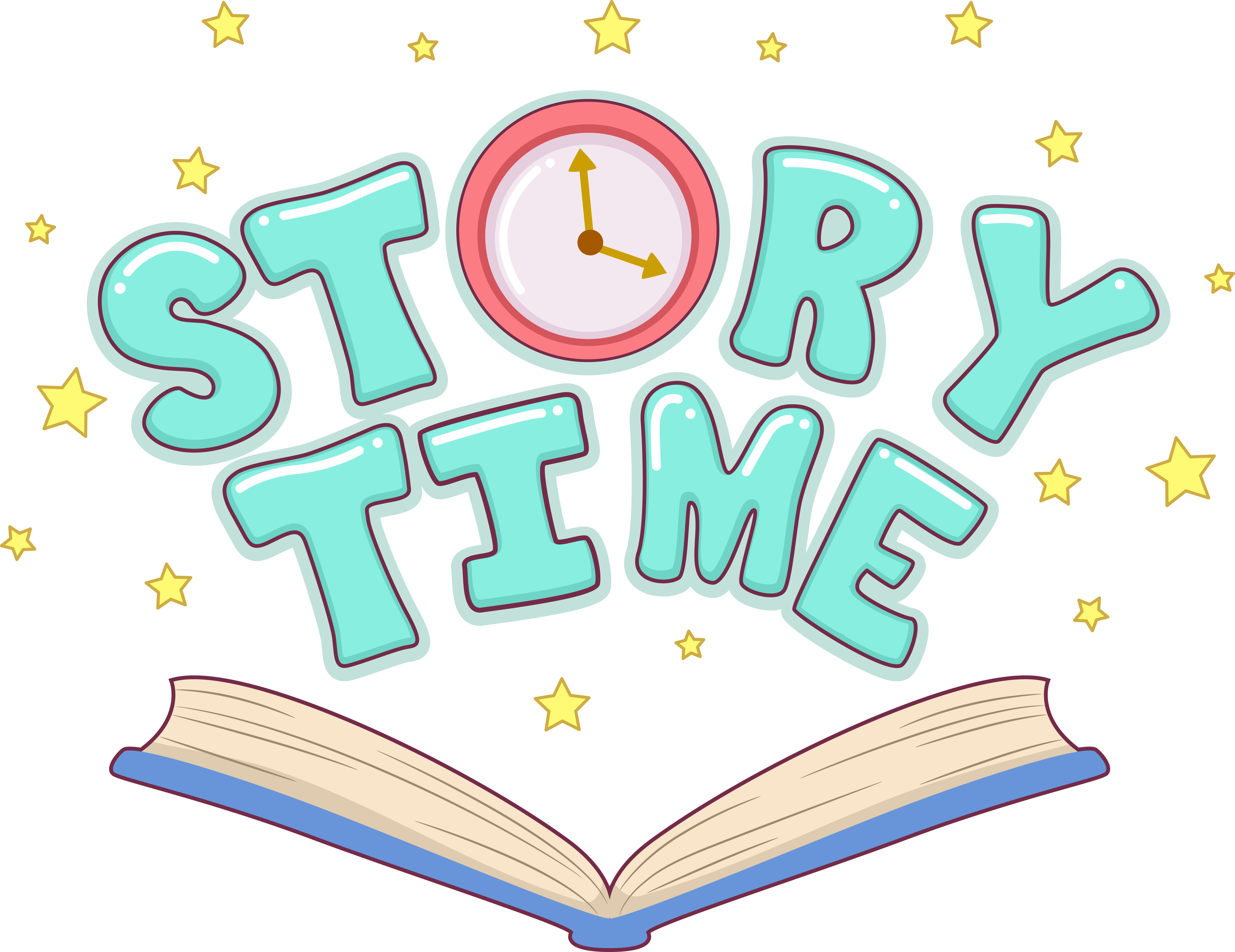 Image of open book with the word Story time above it with yellow stars. The o in story time is replaced with an analog clock.