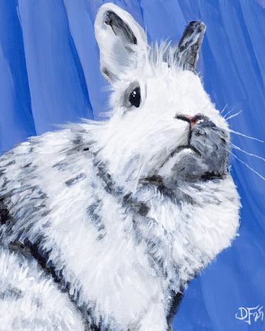 Example of bunny painting - white and gray rabbit on blue background.