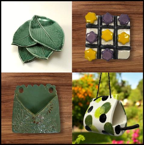 Examples of clay projects, including clay leaves, a tic-tac-toe board and pieces, a green wall pocket, and a small bird house.